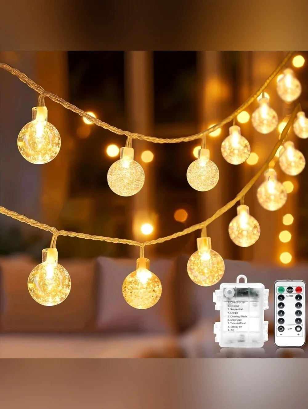 Globe Fairy String Lights Battery Operated - 33ft 80LED with Remote, Waterproof